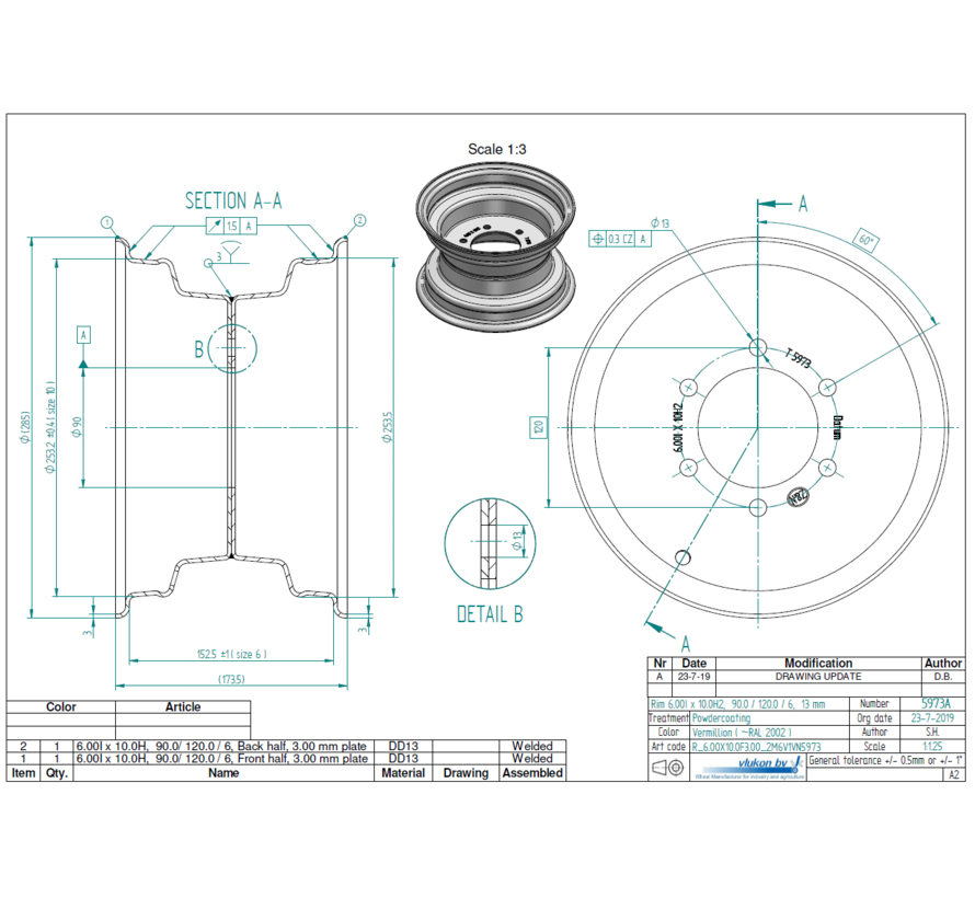 3.00 mm thick one piece welded RIM, diameter: 10 inch, width: 6.00 inch, pcd: 120mm & center bore: 90mm l 6  bolt holes