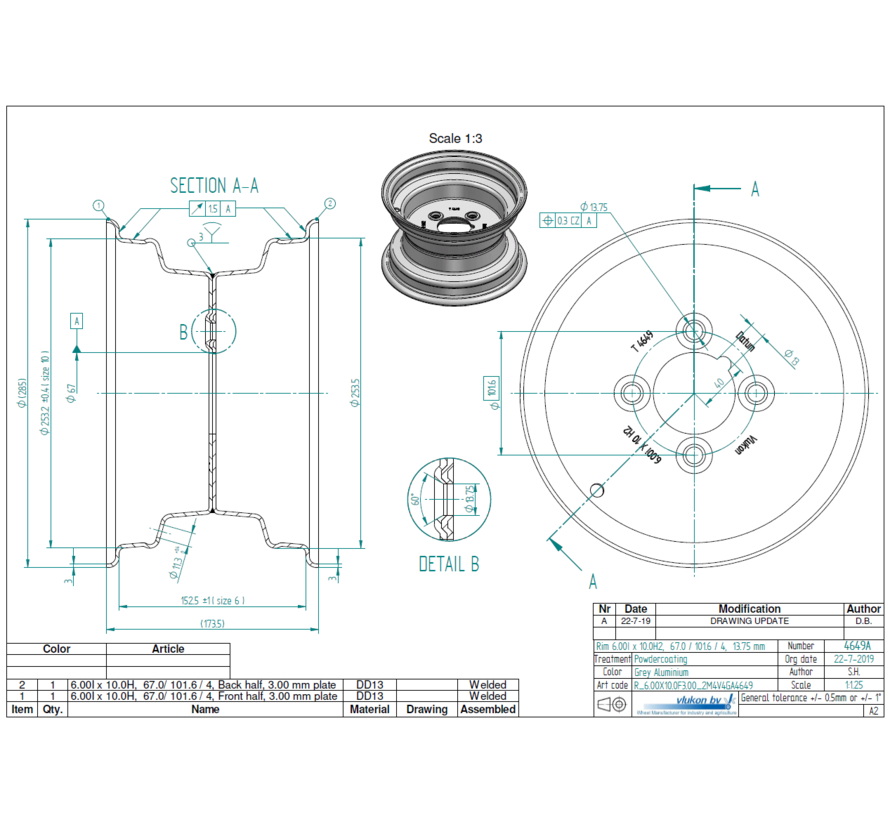 3.00 mm thick one piece welded RIM, diameter: 10 inch, width: 6.00 inch, pcd: 101,6mm & center bore: 67mm l 4 Raised bolt holes