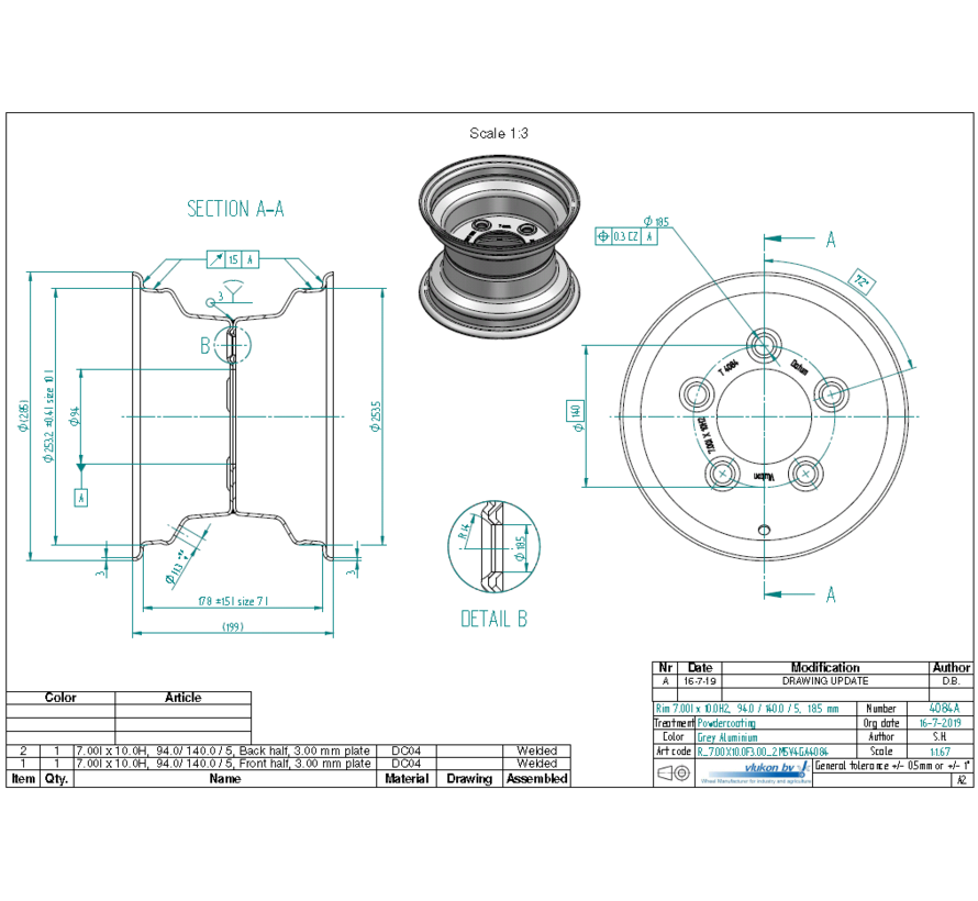 3.00 mm thick one piece welded RIM, diameter: 10 inch, width: 7.00 inch, pcd: 140mm & center bore: 94mm l 5 Raised bolt holes