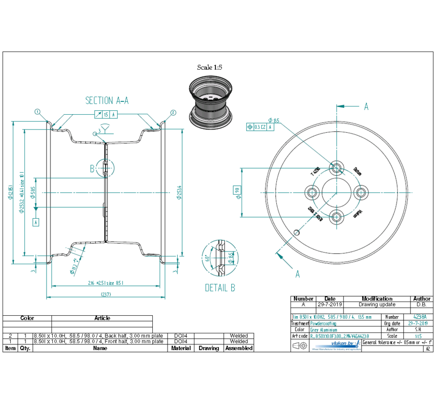 3.00 mm thick one piece welded RIM, diameter: 10 inch, width: 8.50 inch, pcd: 98mm & center bore: 58,5mm l 4 Raised bolt holes