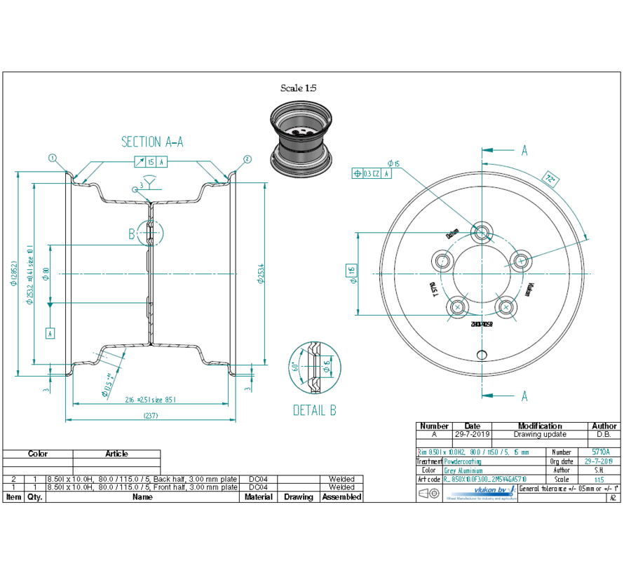 3.00 mm thick one piece welded RIM, diameter: 10 inch, width: 8.50 inch, pcd: 115mm & center bore: 80mm l 5 Raised bolt holes