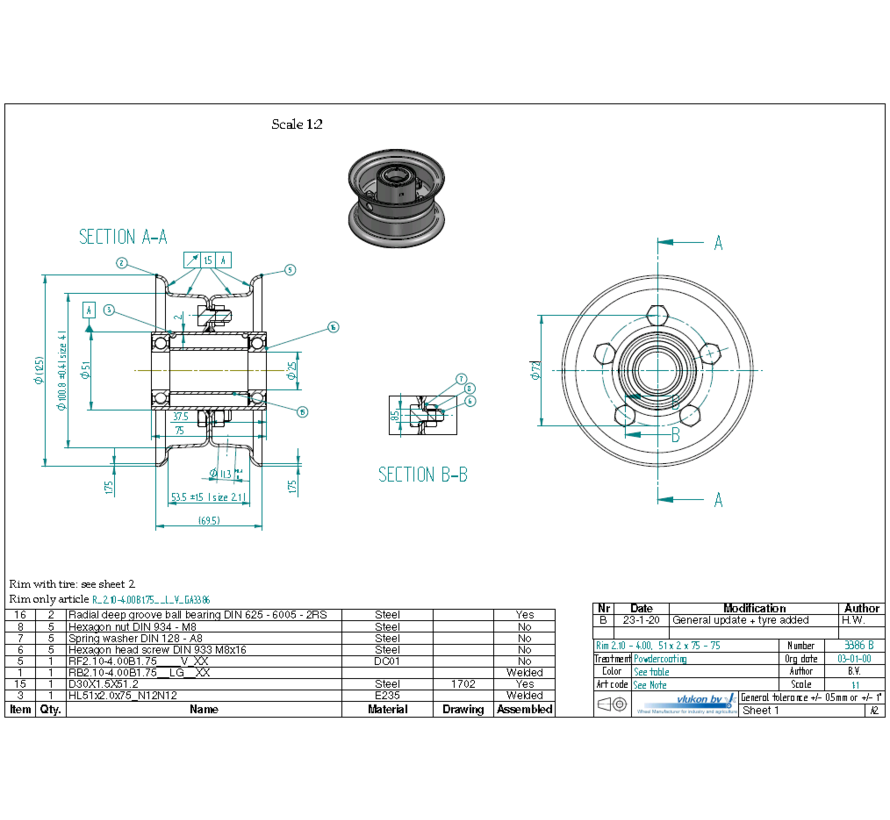 1.75 mm thick two piece divided rim | diameter: 4 inch | width: 2.10 inch | bearing in hub: 6005-2RS