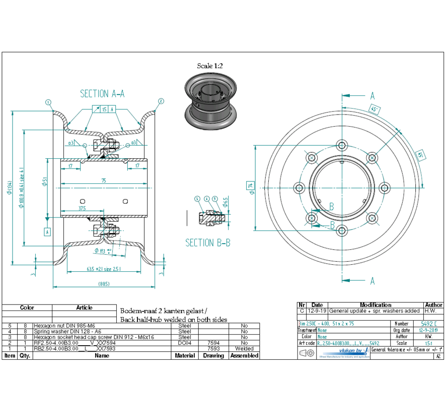 3.00 mm thick two piece divided rim | diameter: 4 inch | width: 2.50 inch | bearing in hub: