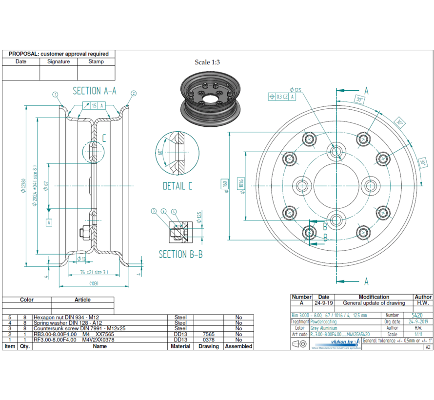 4.00 mm thick two piece divided rim | diameter: 8 inch | width: 3.00 inch | pcd: 101,6mm & center bore: 67mm l 4 Raised bolt holes