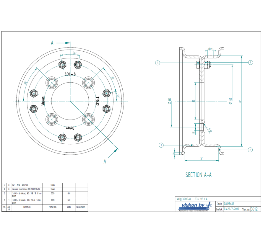 5.00 mm thick two piece divided rim | diameter: 8 inch | width: 3.00 inch | pcd: 115mm & center bore: 83mm l 4 Raised bolt holes