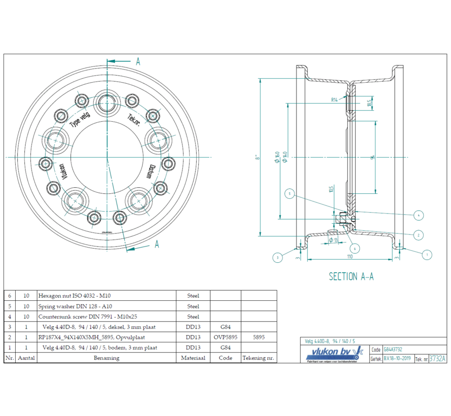 3.00 mm thick two piece divided rim | diameter: 8 inch | width: 4.40 inch | pcd: 140mm & center bore: 94mm l 5 Raised bolt holes