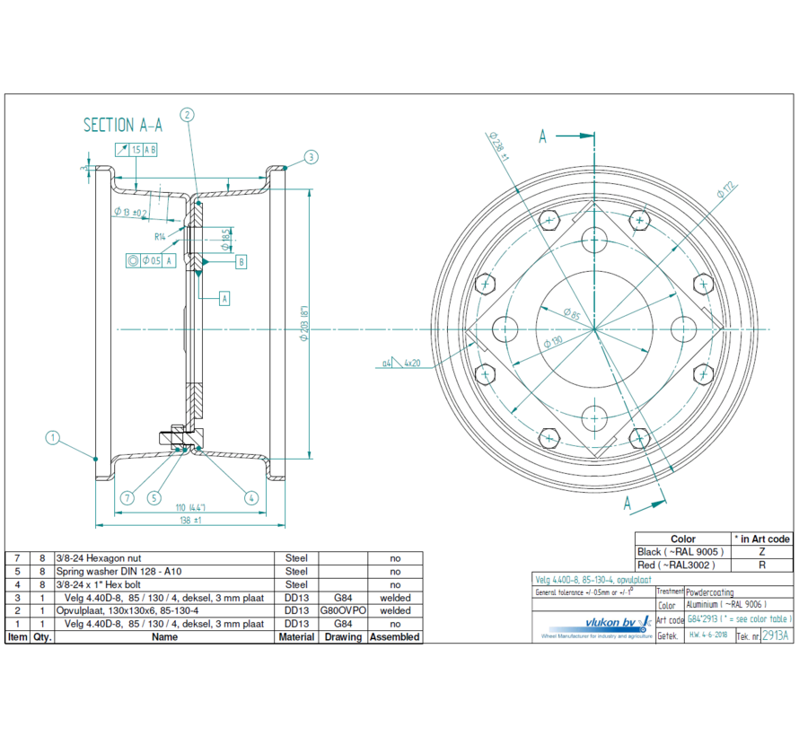 3.00 mm thick two piece divided rim | diameter: 8 inch | width: 4.40 inch | pcd: 130mm & center bore: 85mm l 4 Raised bolt holes