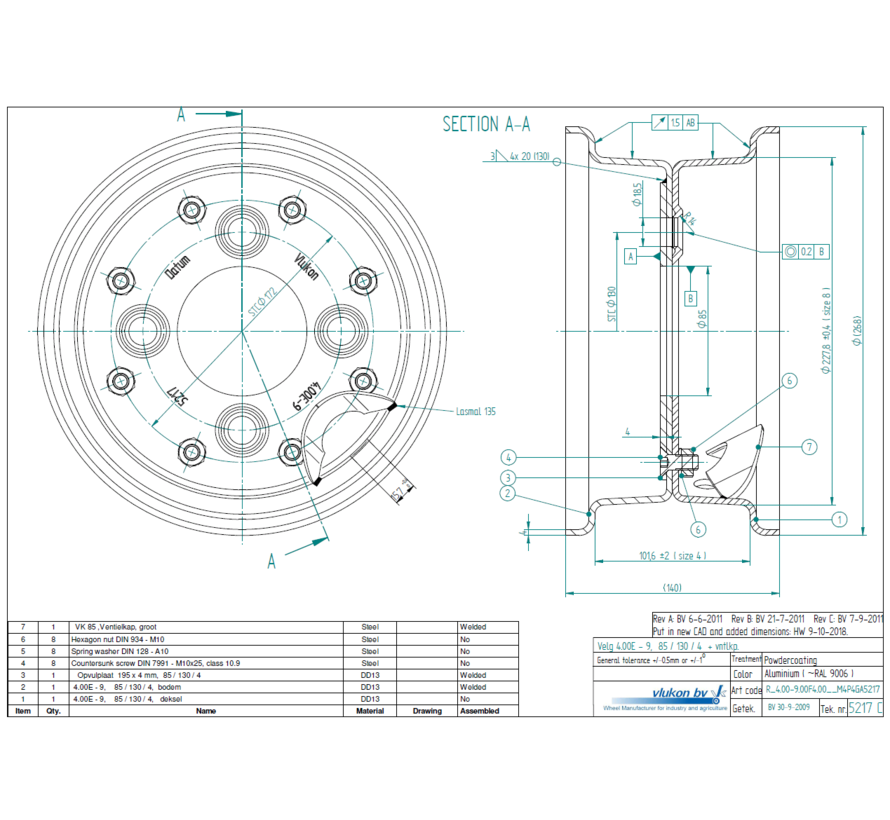 4.00 mm thick two piece divided rim | diameter: 9 inch | width: 4.00 inch | pcd: 130mm & center bore: 85mm l 4 Raised bolt holes