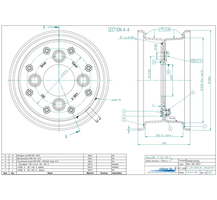 4.00 mm thick two piece divided rim | diameter: 9 inch | width: 4.00 inch | pcd: 130mm & center bore: 85mm l 4 Raised bolt holes