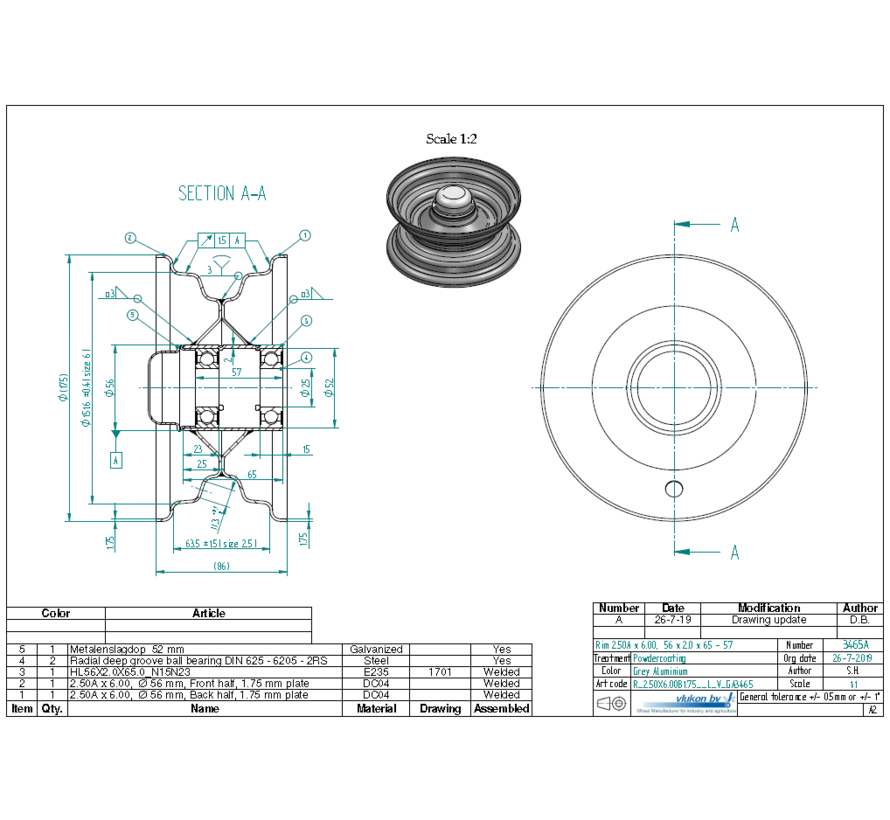 1.75 mm thick one piece welded RIM, diameter: 6 inch, width: 2.50 inch, bearing in hub: 6205-2RS