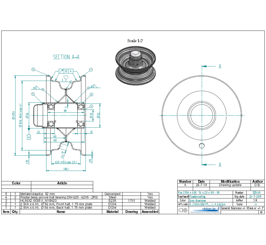 1.75 mm thick one piece welded RIM, diameter: 6 inch, width: 2.50 inch, bearing in hub: 6205-2RS