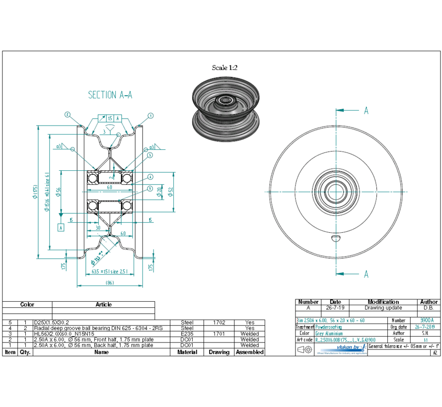 1.75 mm thick one piece welded RIM, diameter: 6 inch, width: 2.50 inch, bearing in hub: 6304-2RS