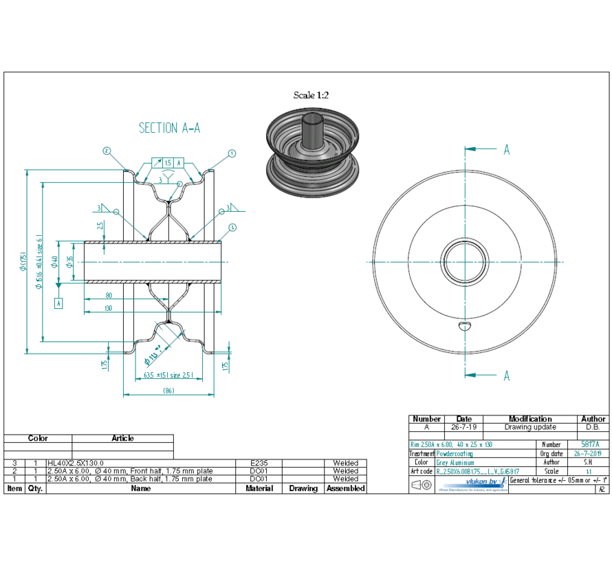 1.75 mm thick one piece welded RIM, diameter: 6 inch, width: 2.50 inch, bearing in hub: