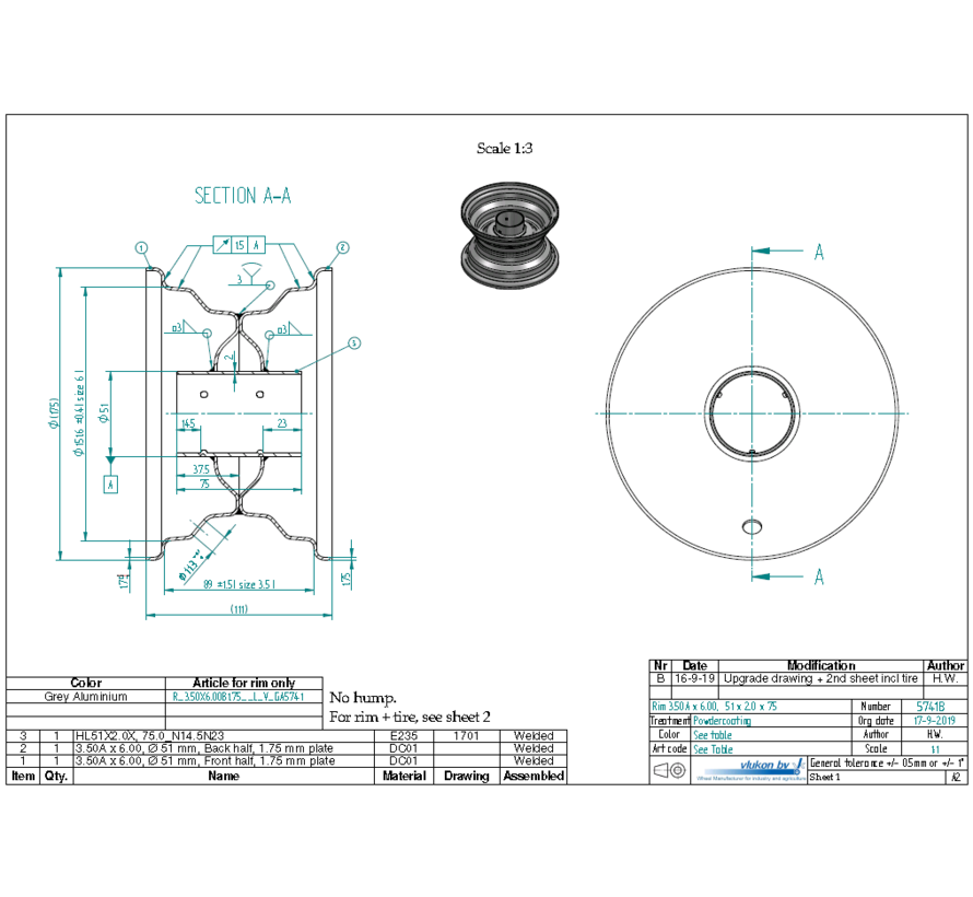 1.75 mm thick one piece welded RIM, diameter: 6 inch, width: 3.50 inch, bearing in hub: