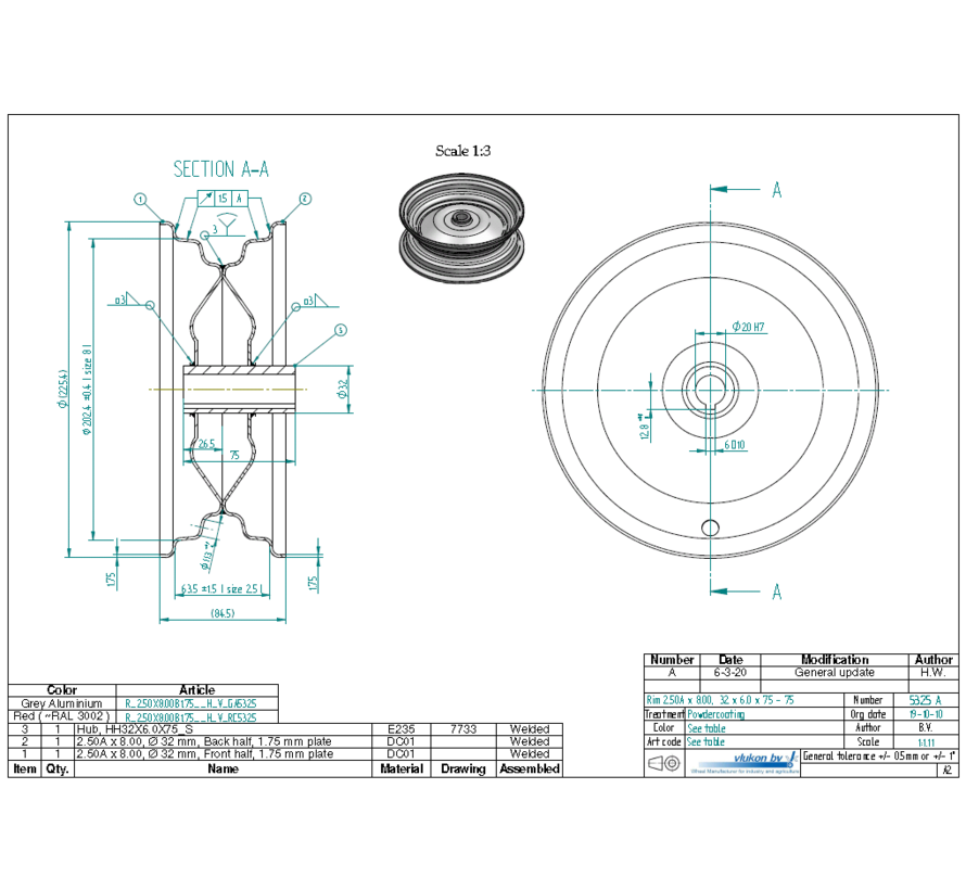 1.75 mm thick one piece welded RIM, diameter: 8 inch, width: 2.50 inch, bearing in hub:
