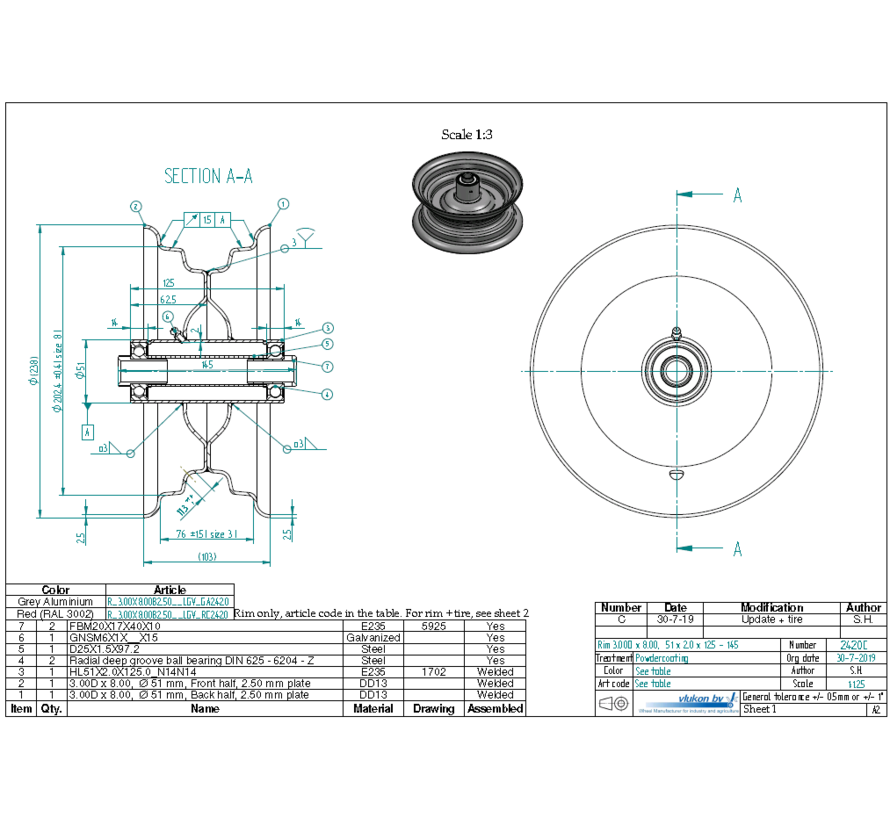 2.50 mm thick one piece welded RIM, diameter: 8 inch, width: 3.00 inch, bearing in hub: 6204-Z-C3