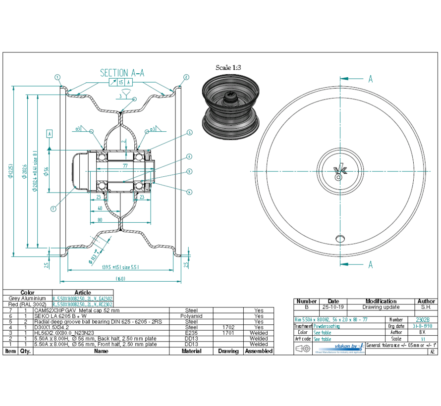 2.50 mm thick one piece welded RIM, diameter: 8 inch, width: 5.50 inch, bearing in hub: 6205-2RS