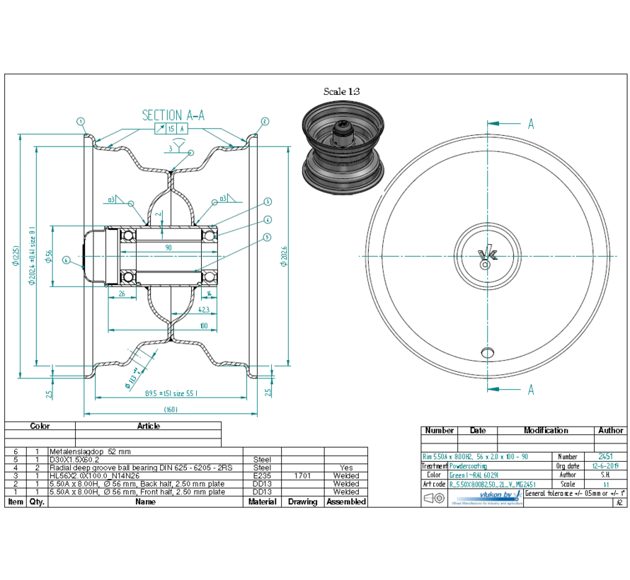 2.50 mm thick one piece welded RIM, diameter: 8 inch, width: 5.50 inch, bearing in hub: 6205-2RS