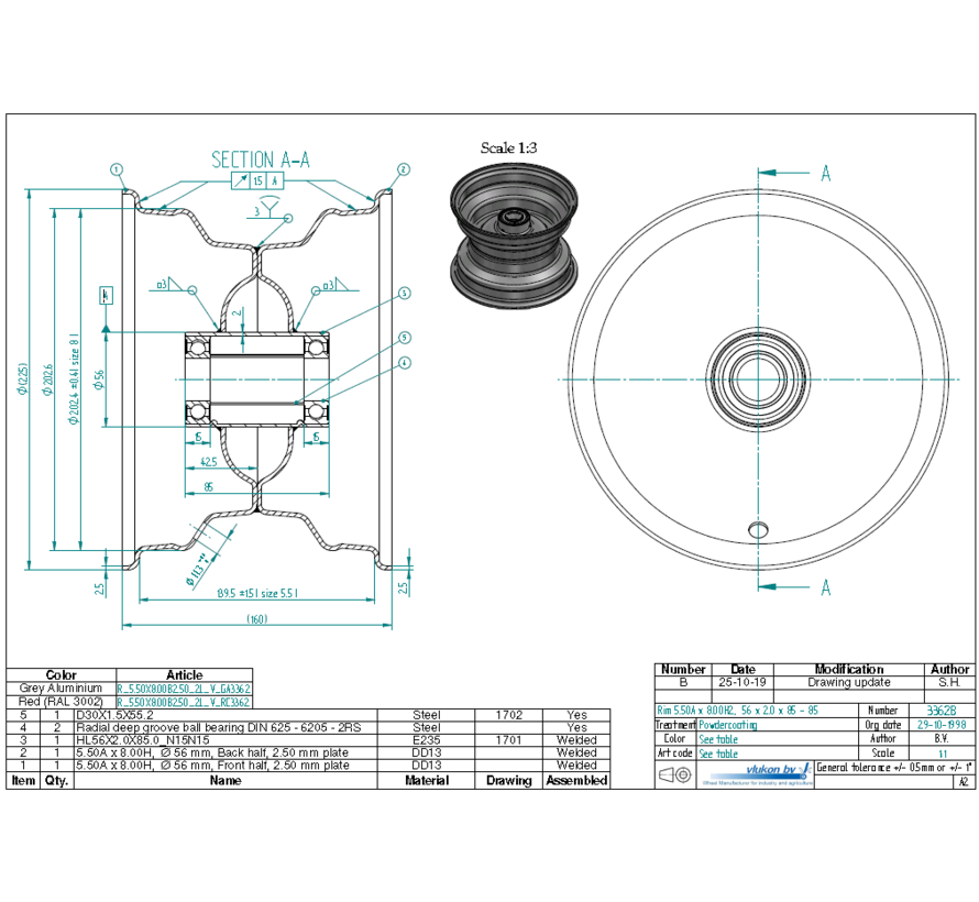 2.50 mm thick one piece welded RIM, diameter: 8 inch, width: 5.50 inch, bearing in hub: 6205-2RS
