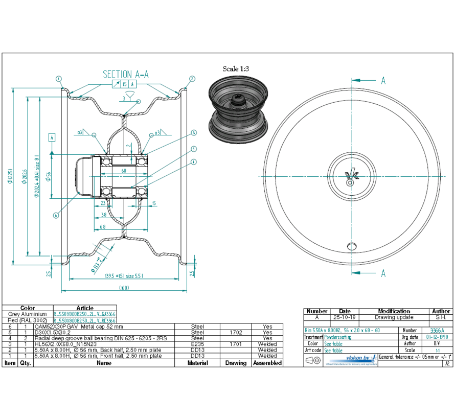 2.50 mm thick one piece welded RIM, diameter: 8 inch, width: 5.50 inch, bearing in hub: 6205-2RS