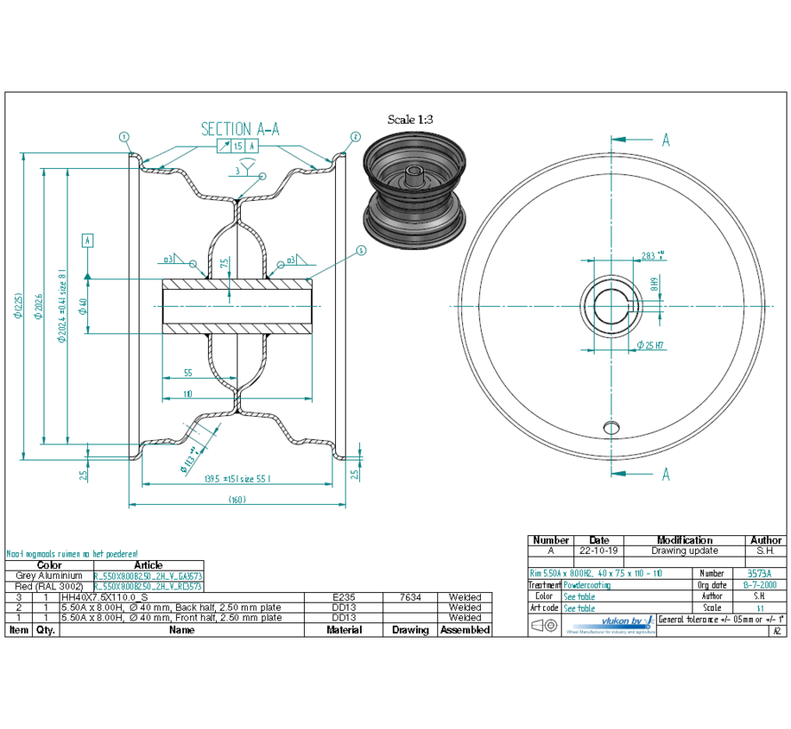 2.50 mm thick one piece welded RIM, diameter: 8 inch, width: 5.50 inch, bearing in hub: