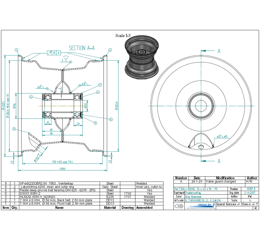 2.50 mm thick one piece welded RIM, diameter: 8 inch, width: 7.00 inch, bearing in hub: 6205-2RS