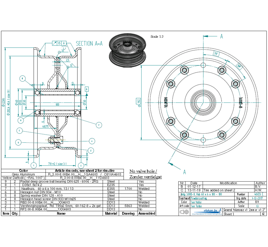 4.00 mm thick two piece divided rim | diameter: 8 inch | width: 3.00 inch | bearing in hub: 6006-2RS