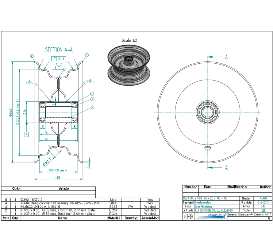 3.00 mm thick one piece welded RIM, diameter: 9 inch, width: 4.00 inch, bearing in hub: 6205-2RS