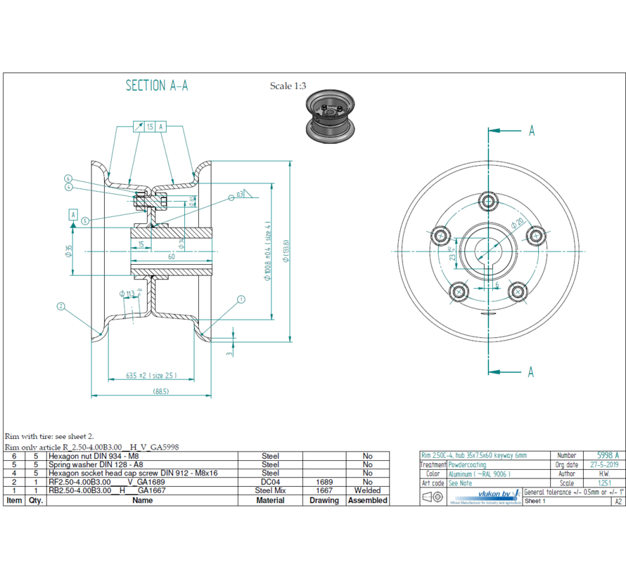 3.00 mm thick two piece divided rim | diameter: 4 inch | width: 2.50 inch | bearing in hub: