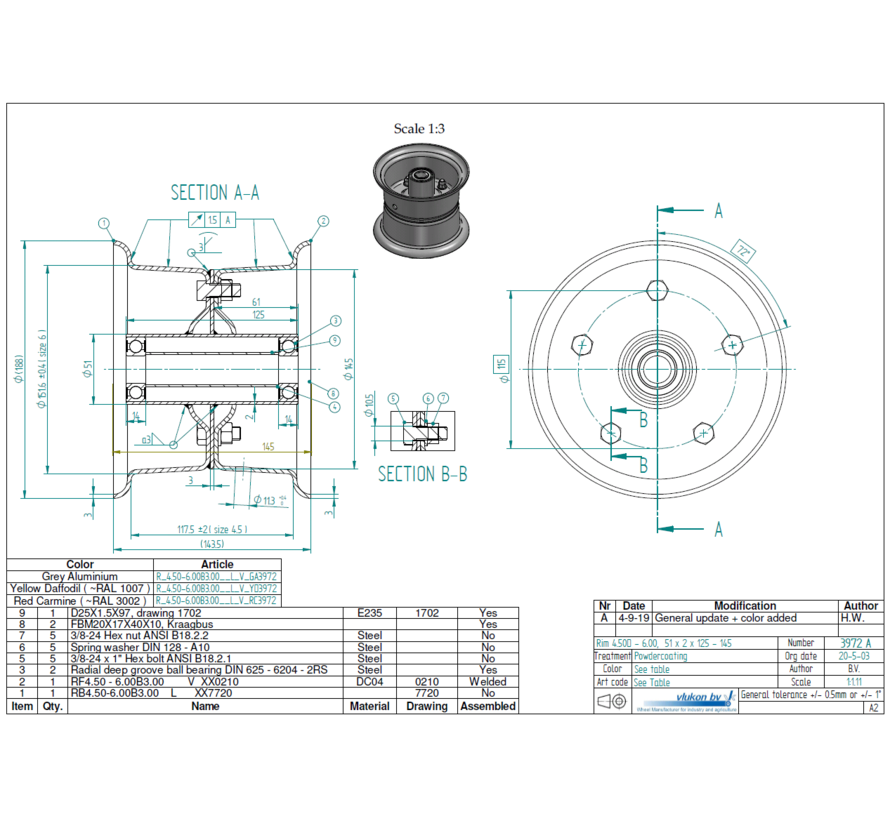 3.00 mm thick two piece divided rim | diameter: 6 inch | width: 4.50 inch | bearing in hub: 6204-2RS-C3