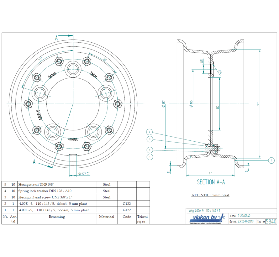 5.00 mm thick two piece divided rim | diameter: 9 inch | width: 4.00 inch | pcd: 145mm & center bore: 110mm l 5 Raised bolt holes