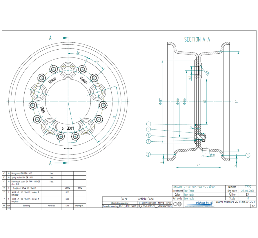 5.00 mm thick two piece divided rim | diameter: 9 inch | width: 4.00 inch | pcd: 140mm & center bore: 102mm l 5 Raised bolt holes