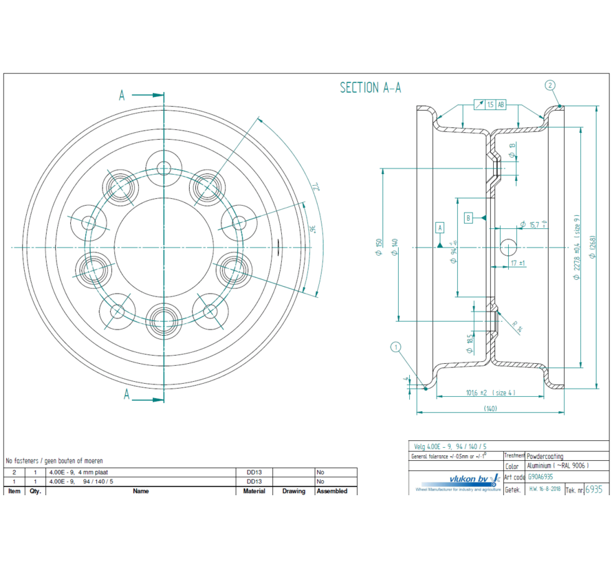 4.00 mm thick two piece divided rim | diameter: 9 inch | width: 4.00 inch | pcd: 140mm & center bore: 94mm l 5 Raised + Countersink bolt holes