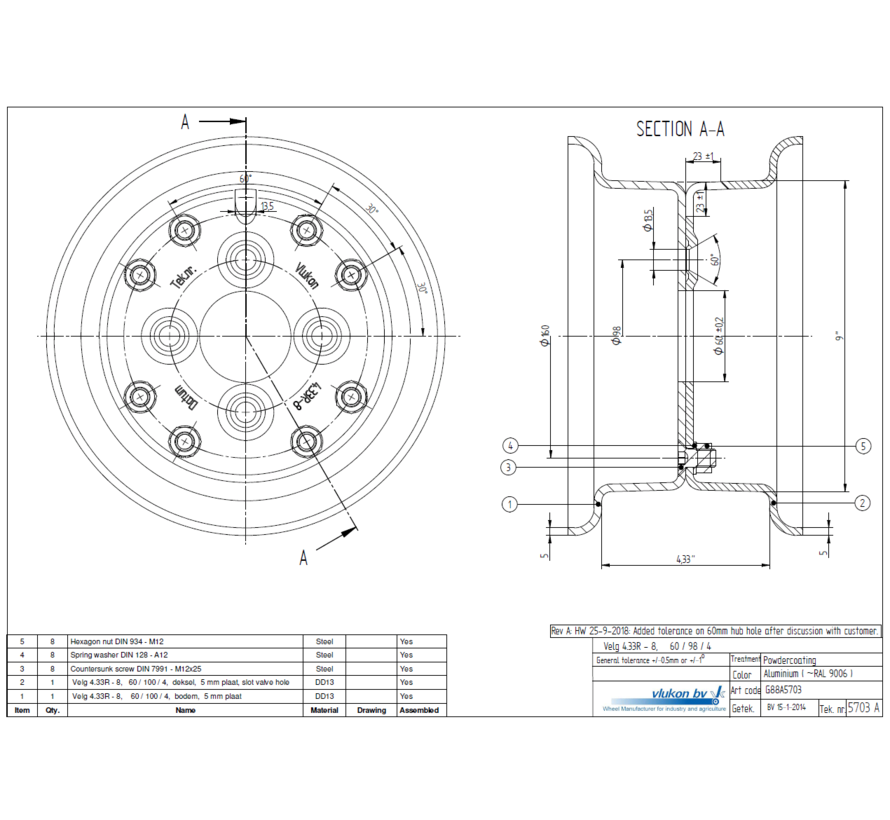 5.00 mm thick two piece divided rim | diameter: 8 inch | width: 4.33 inch | pcd: 98mm & center bore: 60mm l 4 Raised bolt holes