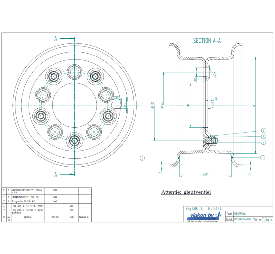 5.00 mm thick two piece divided rim | diameter: 8 inch | width: 4.33 inch | pcd: 140mm & center bore: 94mm l 5 Raised + Countersink bolt holes