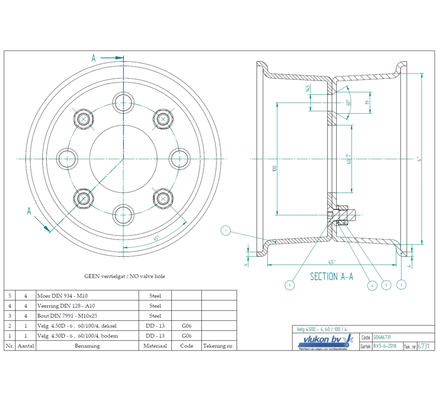 4.00 mm thick two piece divided rim | diameter: 6 inch | width: 4.50 inch | pcd: 100mm & center bore: 60mm l 4  bolt holes