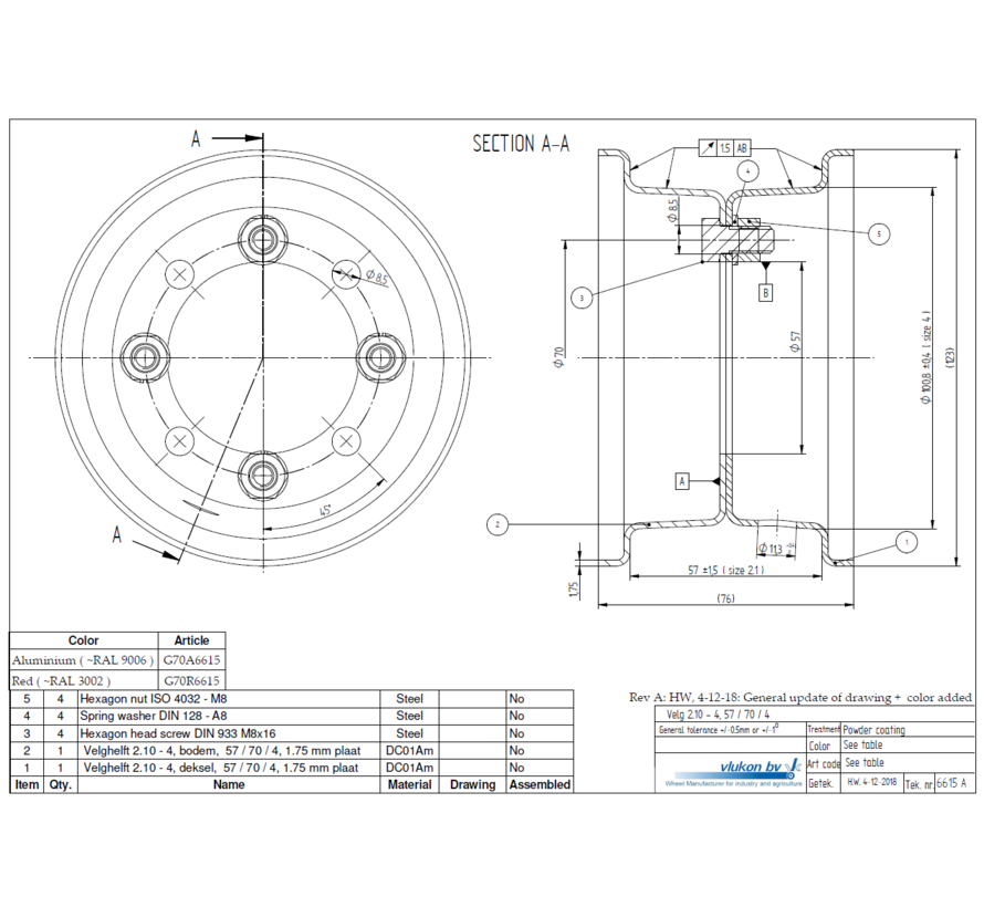 1.75 mm thick two piece divided rim | diameter: 4 inch | width: 2.10 inch | pcd: 70mm & center bore: 57mm l 4  bolt holes