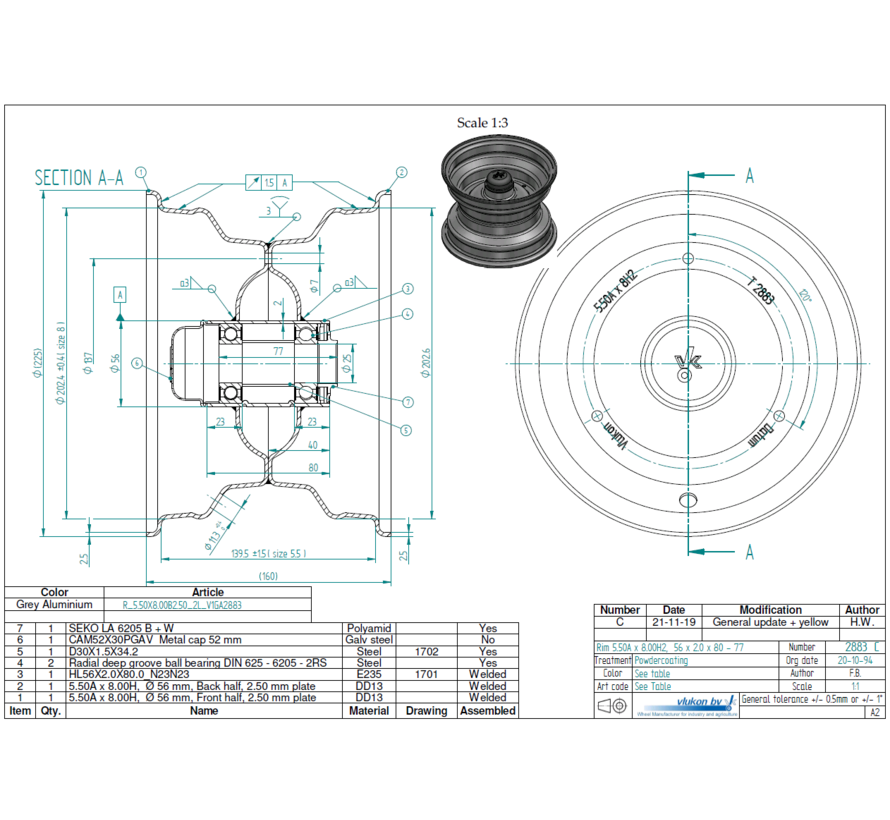 2.50 mm thick one piece welded RIM, diameter: 8 inch, width: 5.50 inch, bearing in hub: 6205-2RS