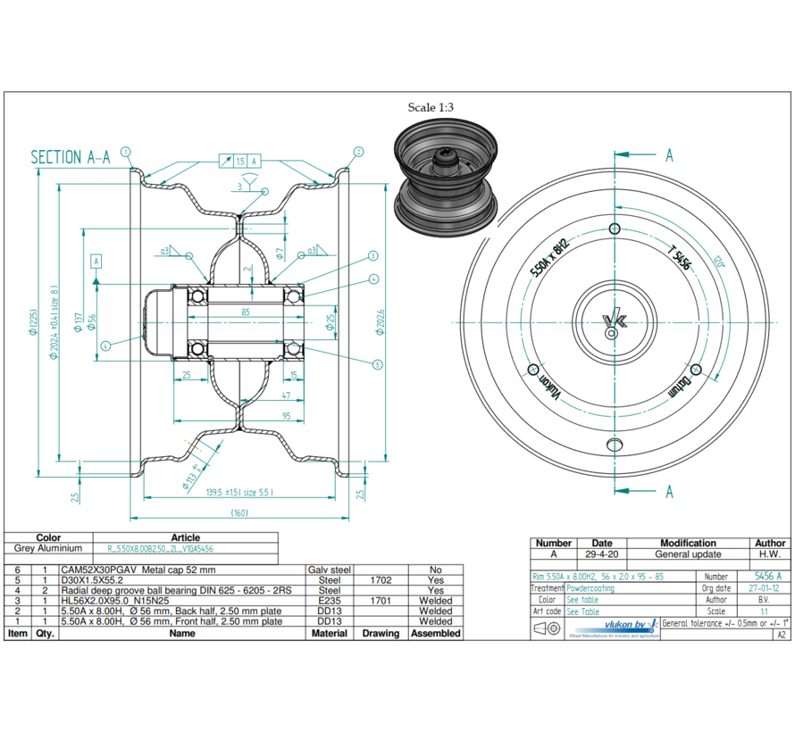 2.50 mm thick one piece welded RIM, diameter: 8 inch, width: 5.50 inch, bearing in hub: 6205-2RS