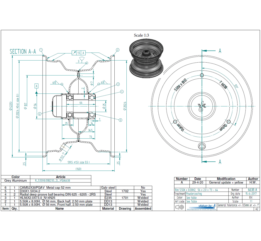 2.50 mm thick one piece welded RIM, diameter: 8 inch, width: 5.50 inch, bearing in hub: 6205-2RS