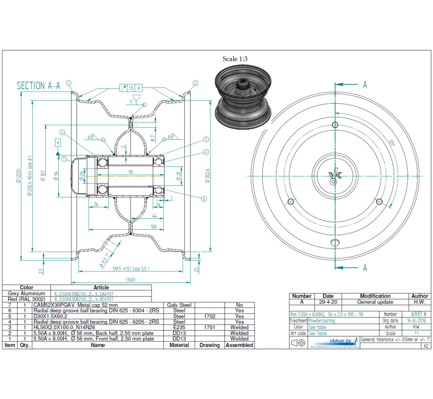 2.50 mm thick one piece welded RIM, diameter: 8 inch, width: 5.50 inch, bearing in hub: 6205-2RS