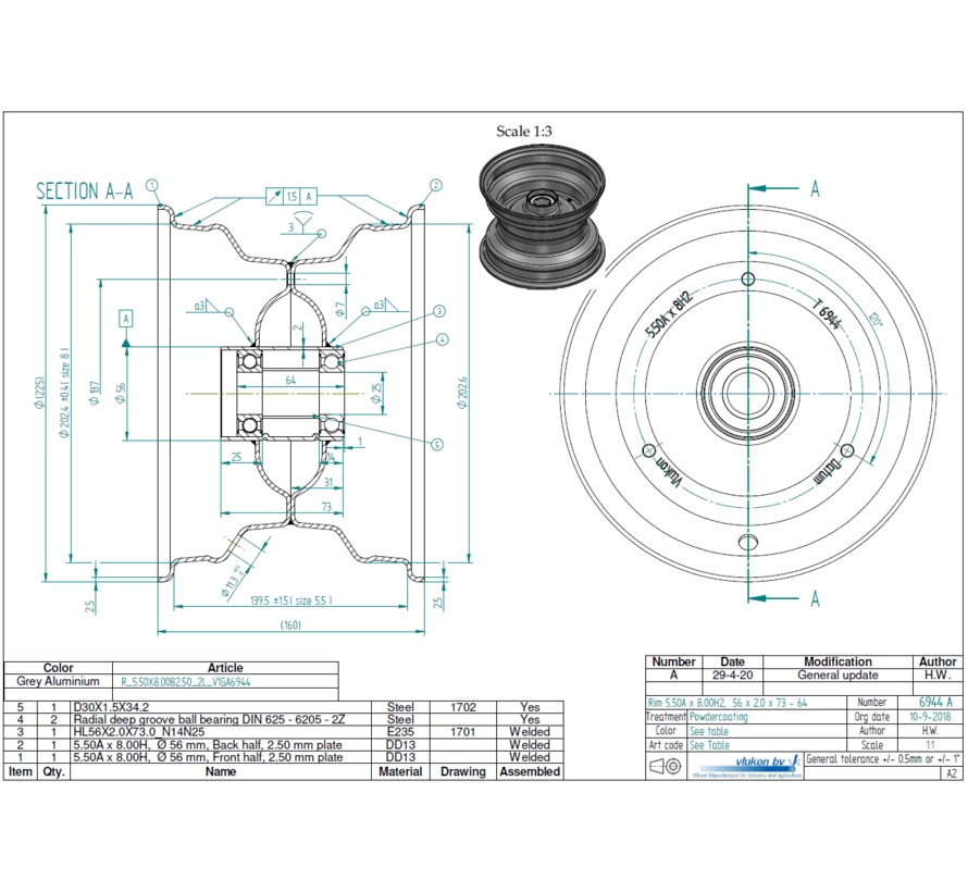 2.50 mm thick one piece welded RIM, diameter: 8 inch, width: 5.50 inch, bearing in hub: