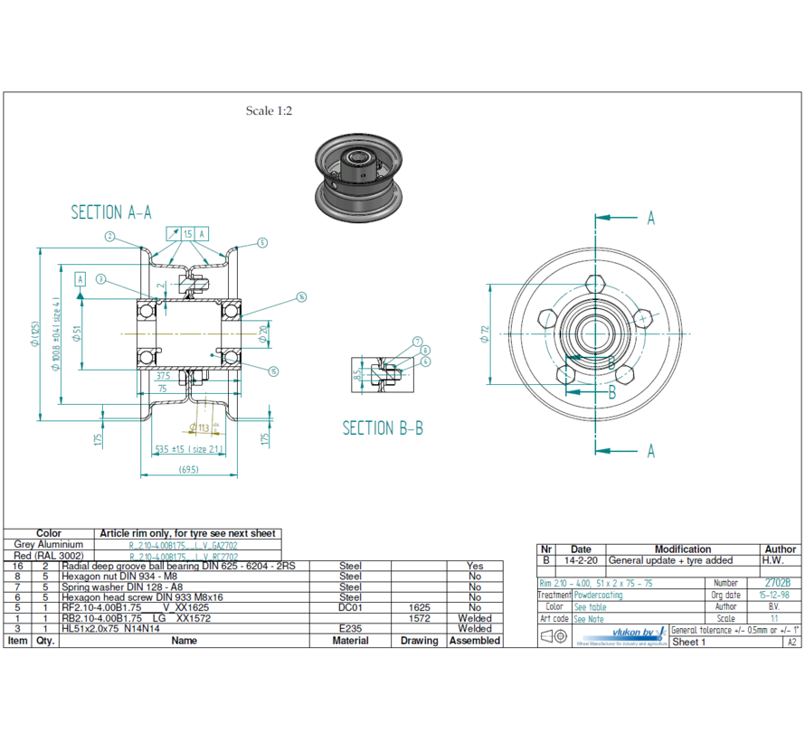 1.75 mm thick two piece divided rim | diameter: 4 inch | width: 2.10 inch | bearing in hub: 6204-2RS