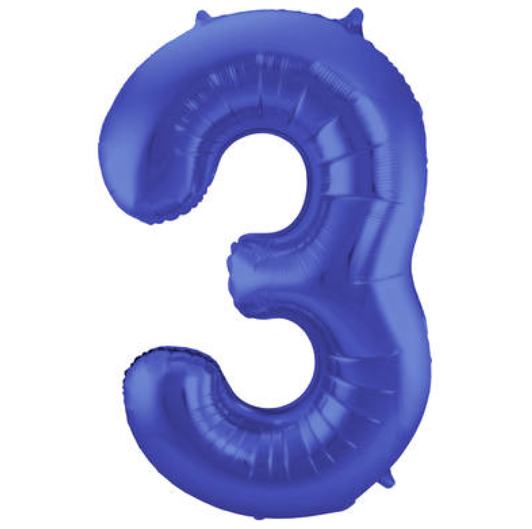 Cijfer folieballon 3 metallic mat blauw (86cm)