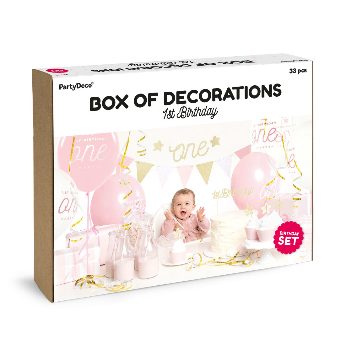 Feestpakket eerste verjaardag  roze en goud (33st)