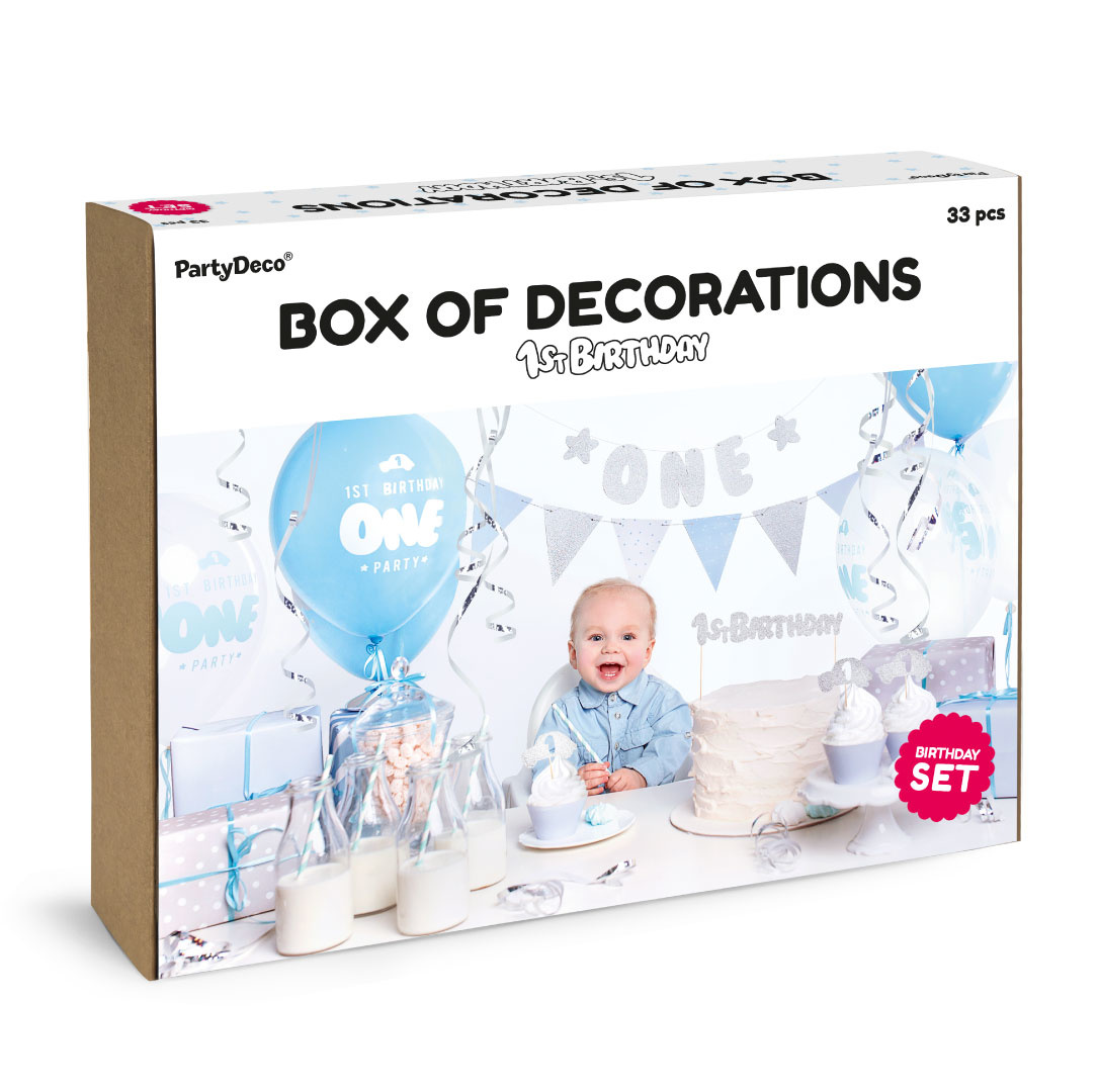 Feestpakket eerste verjaardag  blauw en zilver (33st)