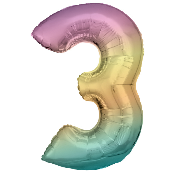 Folie cijferballon 3 pastel regenboog (86 cm)