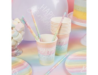 Bekers Eco Rainbow pastel Happy Birthday (8st) Hootyballoo