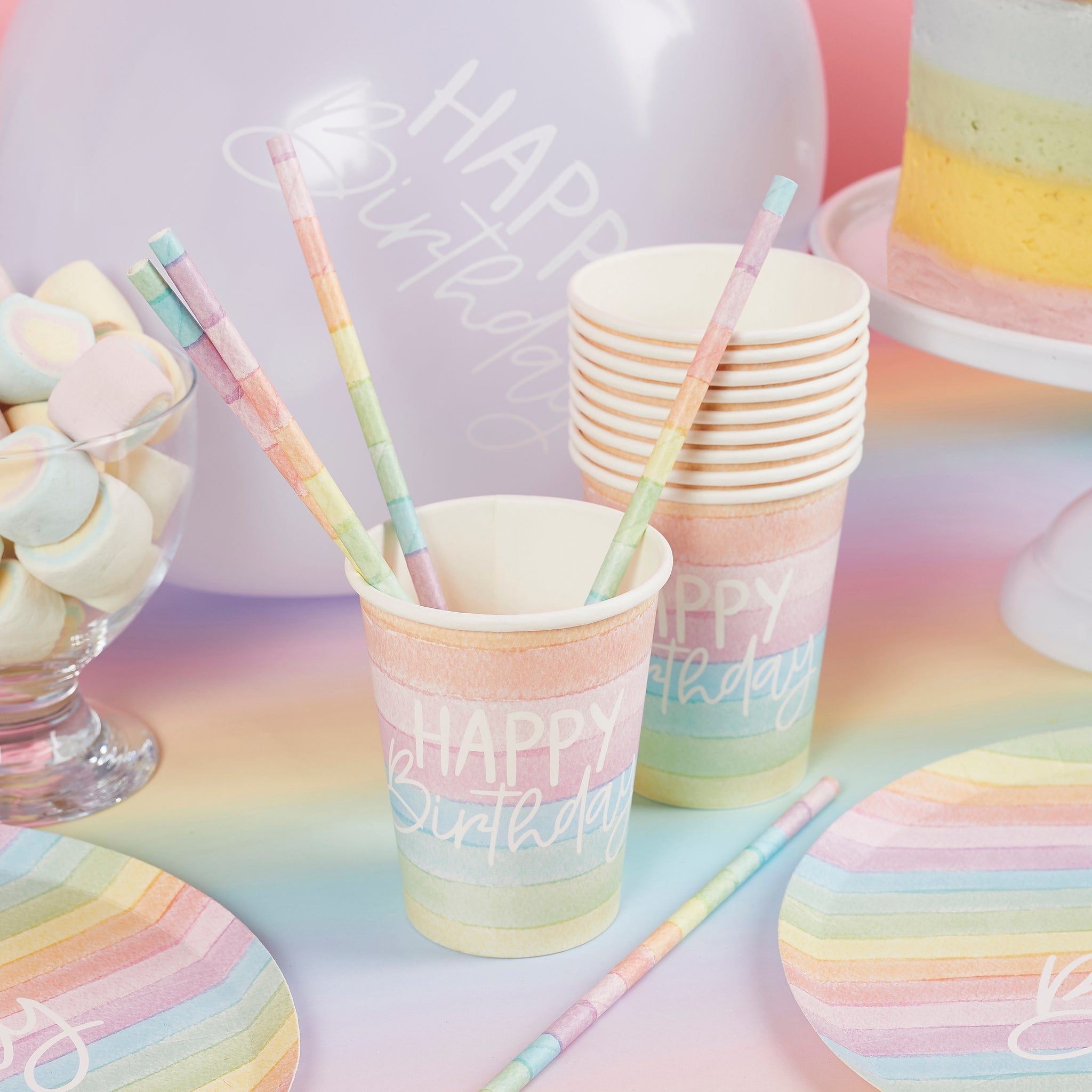 Bekers Eco Rainbow pastel Happy Birthday (8st) Hootyballoo