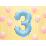 Folie cijferballon 3 lichtblauw (86 cm)